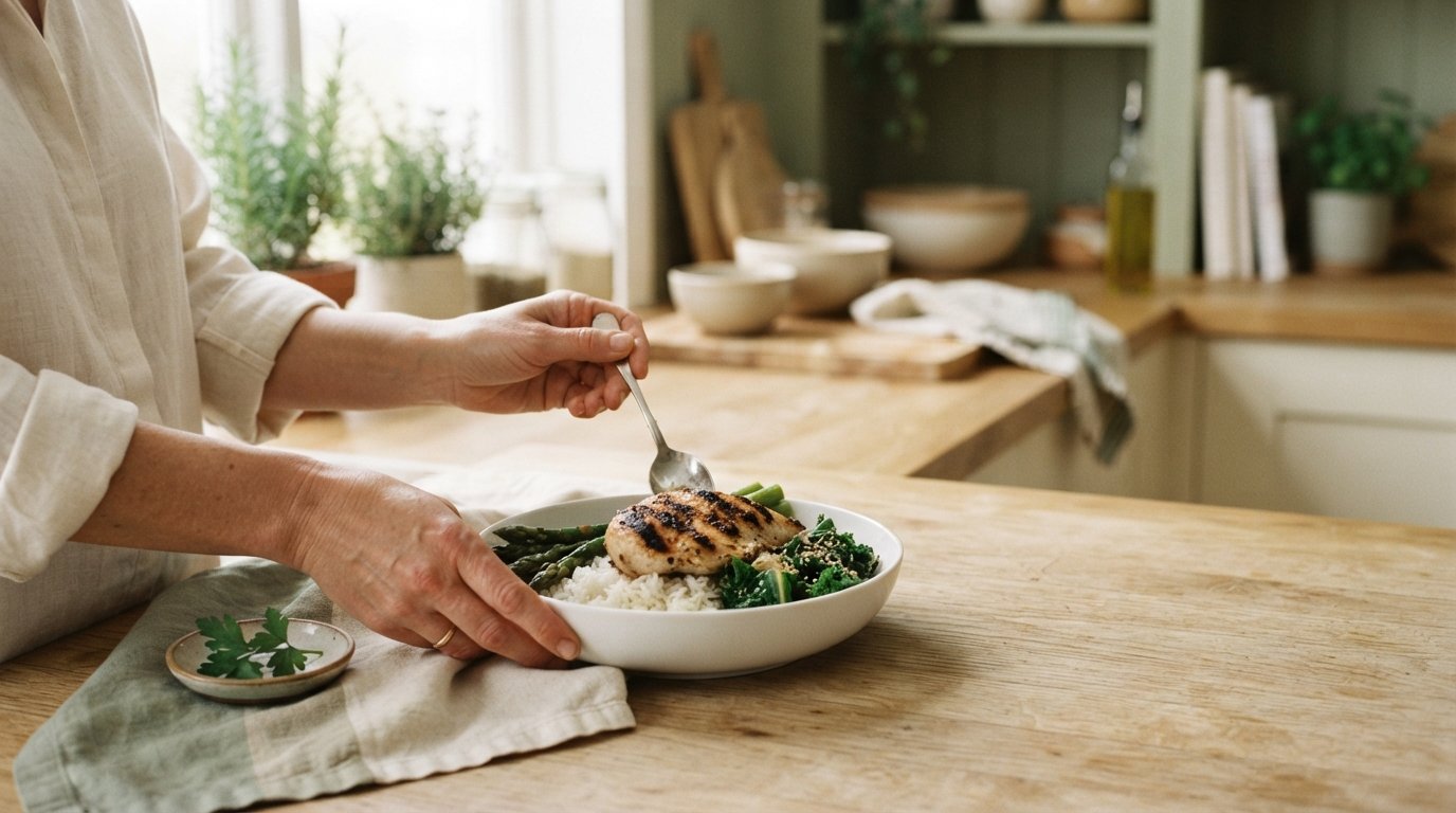 Plating a home-cooked meal of rice, greens and chicken