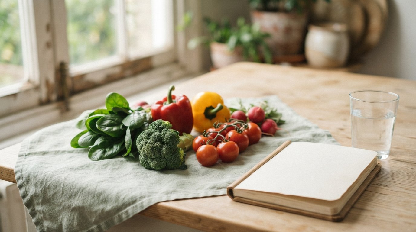 Fresh vegetables laid out beside a notebook