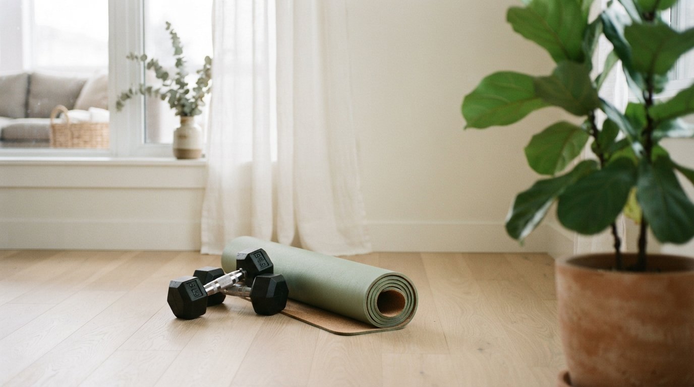 Dumbbells and a rolled mat on a wooden floor at home