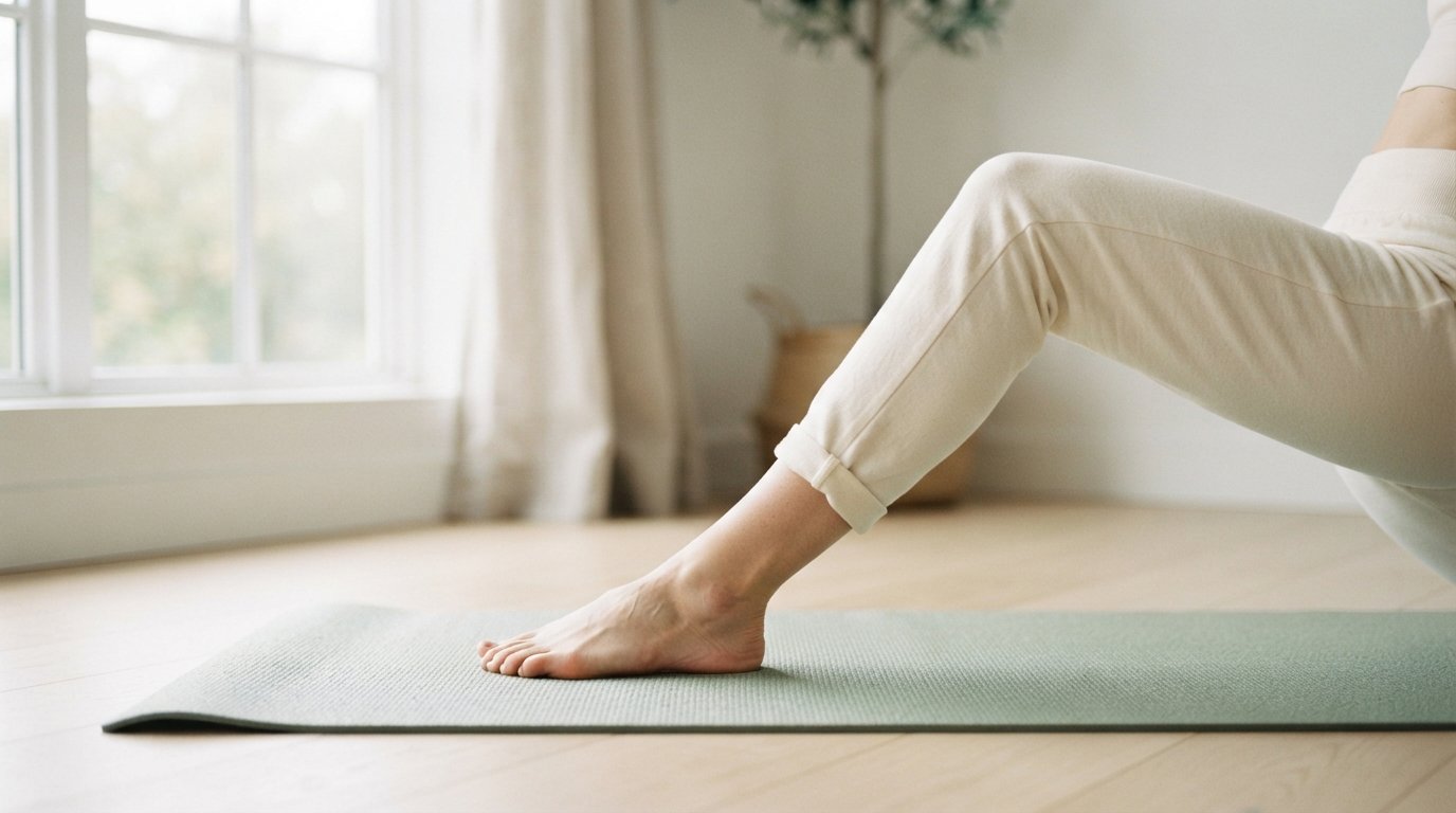Stretching on a mat in a bright room