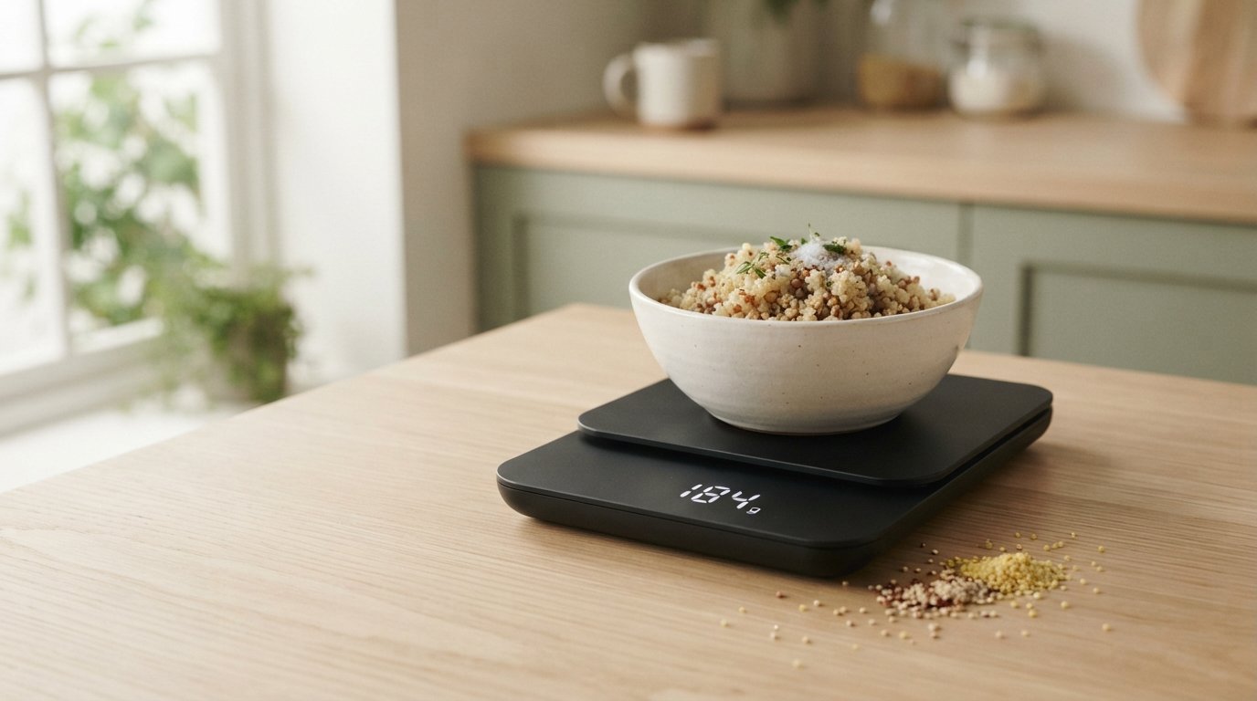 A bowl of grains being weighed on a kitchen scale